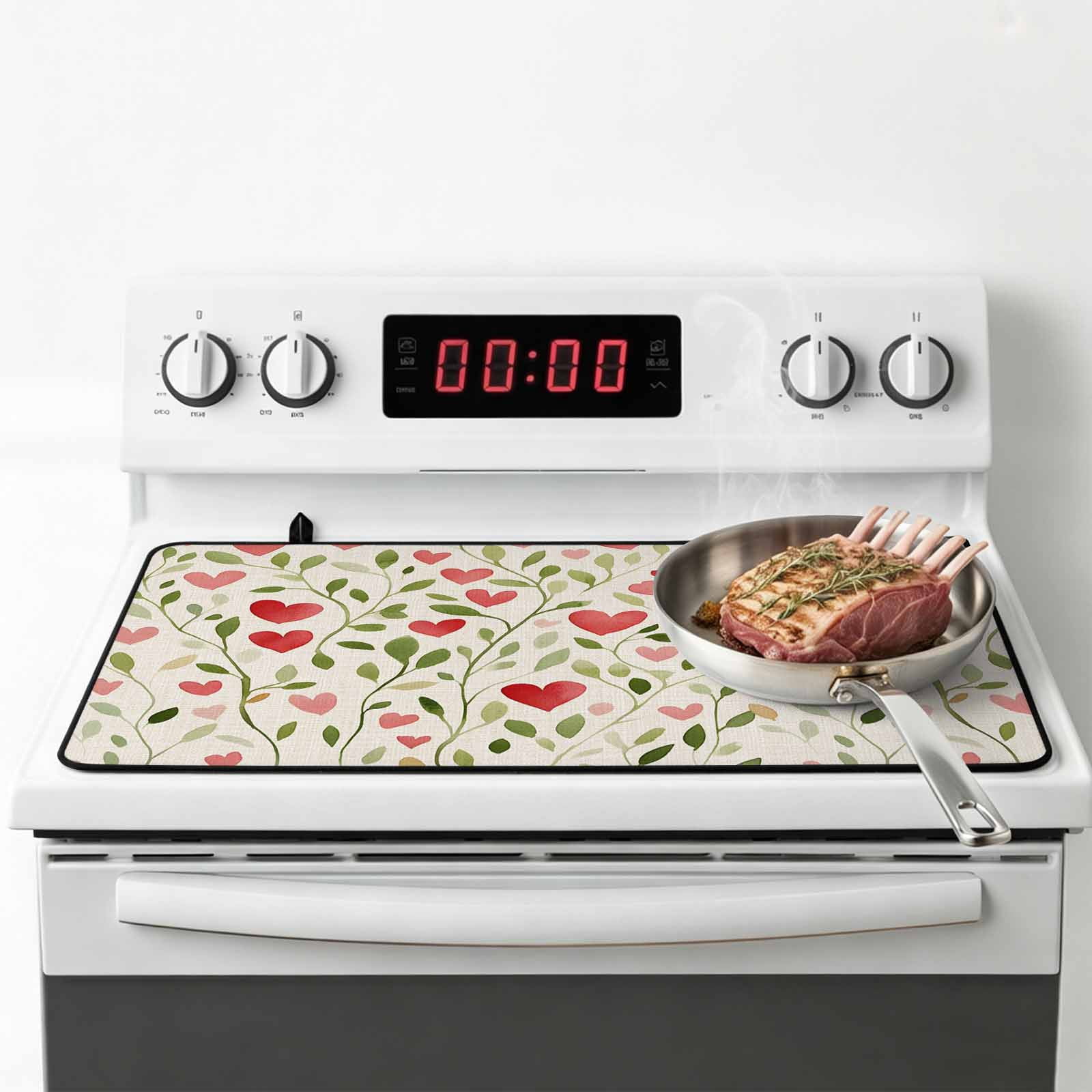 Love Heart Valentines Stove Top Cover for Electric Stove, Heat-proof & Non Slip Glass Top Stove Cover Protector, Rustic Botanical Spring Kitchen Flat Cooktop Rubber Mat 24x21 Inches