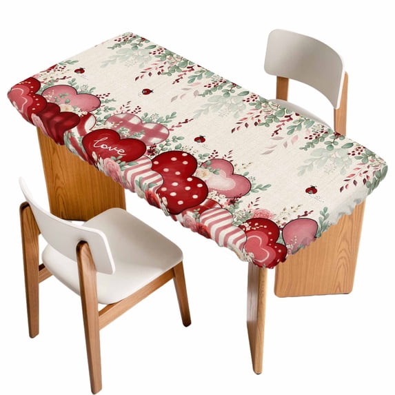 Love Heart Valentines Table Cloths for 4 Foot Rectangle Tables, Rustic Eucalyptus Botanical Red Pink Patio Waterproof Elastic Fitted Tablecloths, Washable Rectangular Table Cover for Camping