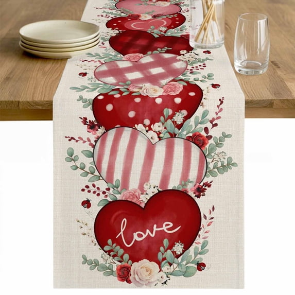 Love Heart Valentines Table Runner - 60 Inch Long Rustic Eucalyptus Botanical Red Pink Cotton and Linen Blended Dress Scarves Farmhouse Table Runner for Kitchen Dining, Coffee Table, 13" x 60"
