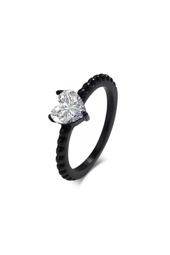 Love Heart White Cz Band Mens Women's Black Plating Stainless Steel Couple Rings