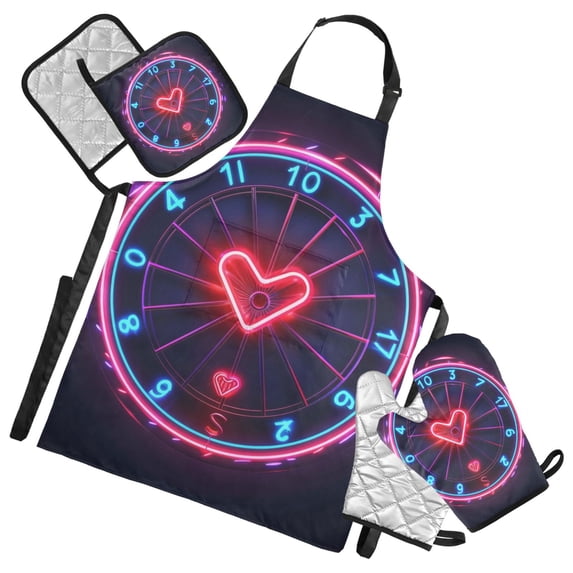 Love Heart and Clock 5 Pcs Kitchen Set Heat Resistant Oven Mitts and Non-Slip Pot Holders with Adjustable Cooking Apron
