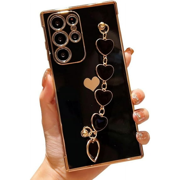 Love Heart with Bracelet Chain Solid Color Plating TPU Case Compatible with Samsung Galaxy Case (Galaxy S20 FE,Black)