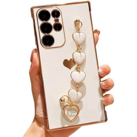 Love Heart with Bracelet Chain Solid Color Plating TPU Case Compatible with Samsung Galaxy Case (Galaxy S24 Plus,White)