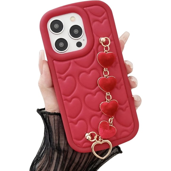Love Heart with Bracelet Chain Solid Color Silicone Case Compatible with iPhone Case (Red,iPhone 15 Pro Max)