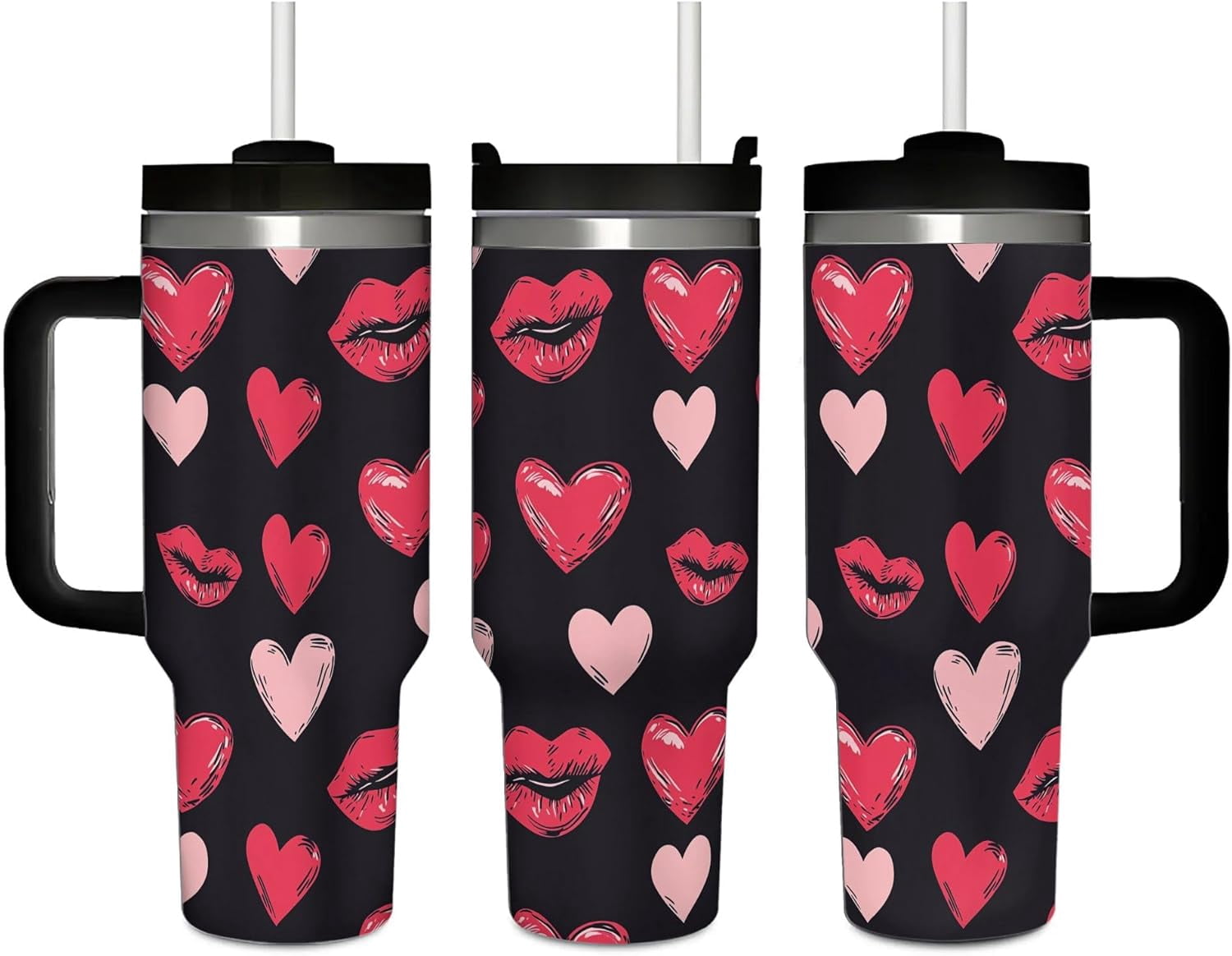 Love Hearts 40 Oz (1200 ml) Insulated Coffee Tumbler with Black Handle, Valentine''s Day Reusable Stainless Steel Travel Mug Cup with Straw Lid for Women Men Gifts
