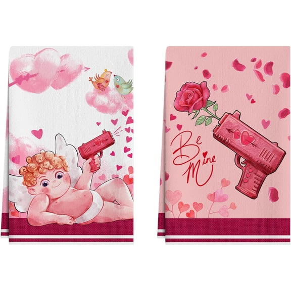 Love Hearts Cupid Rose Flower Valentine's Day Kitchen Towels Dish Towels 18x26 Inch Home Kitchen Decorations Hand Towels Set of 2 Drying Dishcloth