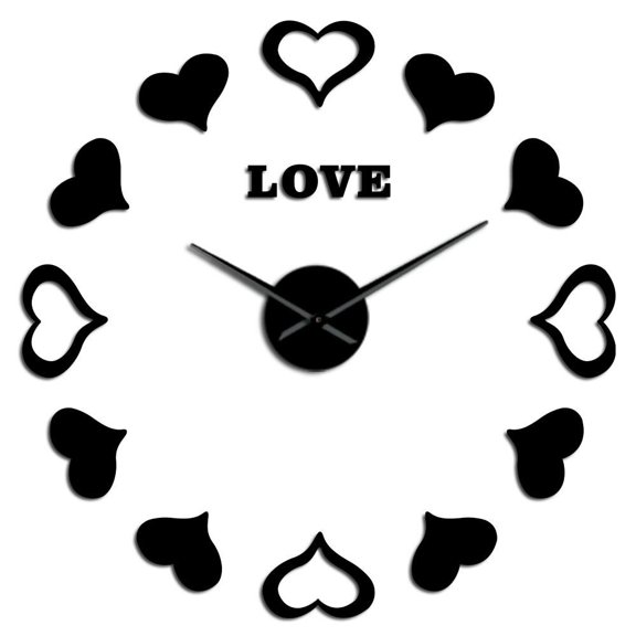 Love Hearts Frameless Wall Clock Stickers, DIY Modern Decorative Clocks for Living Room, Bedroom, Office - Easy to Install, Large 3D Clock Design (Black,37in)