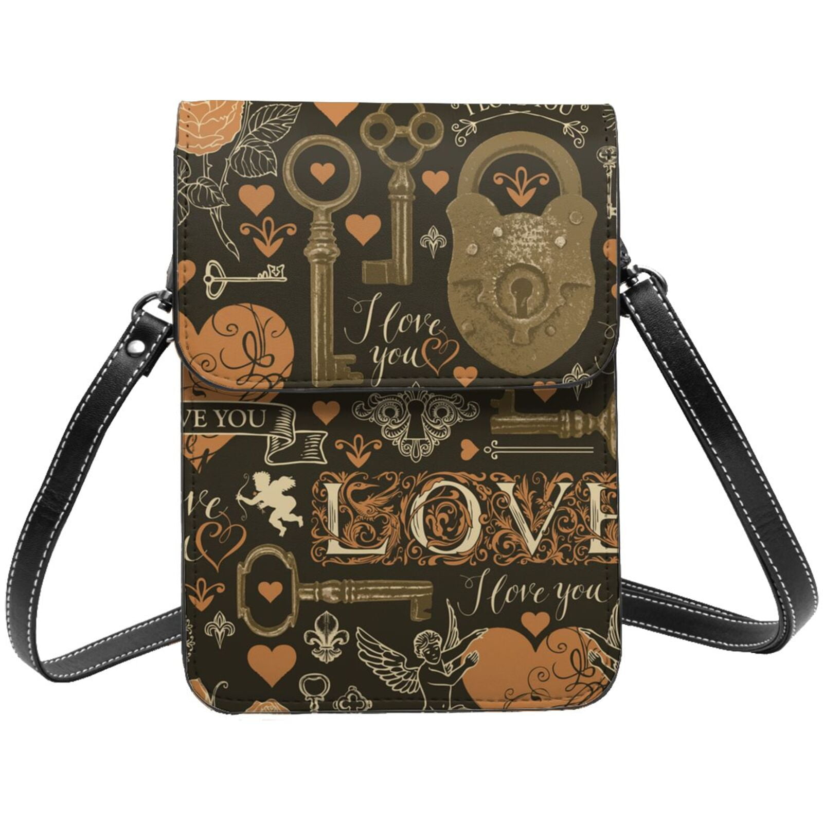 Love Hearts Old Keys Vintage Cell Phone Purse Small Crossbody Bag with Strap Credit Card Slots Leather Shoulder Wallet for Women
