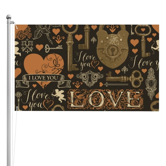 Love Hearts Old Keys Vintage Double Sided Flag 3x5FT Reversible Garden Flag Outdoor Decor for House, Porch, Lawn, Yard, Indoor Wall, Party Decoration