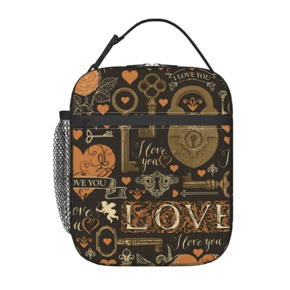 Love Hearts Old Keys Vintage Lunch Box Bag Insulated Lunchbox Reusable Tote Thermal Cooler Portable for Women Men