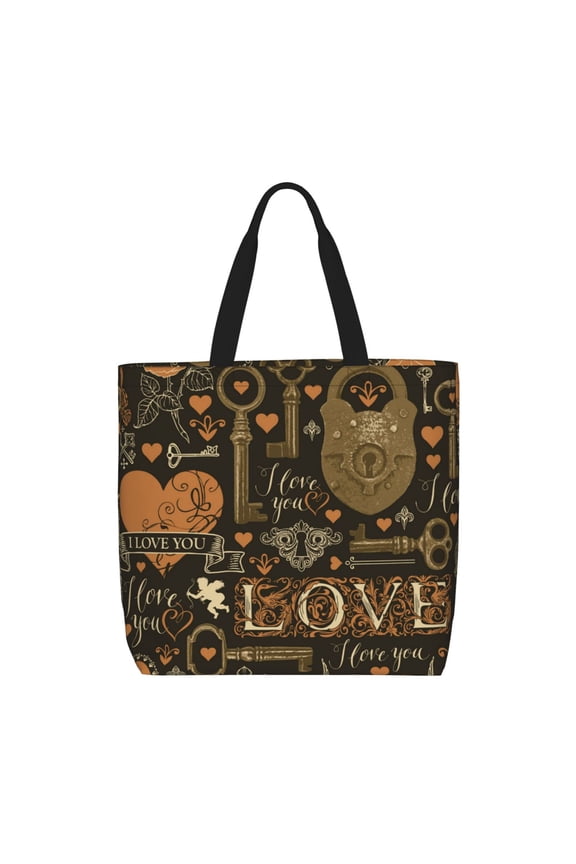 Love Hearts Old Keys Vintage Tote Bag Reusable Shoulder Handbag Top Handle Purse for Shopping Work