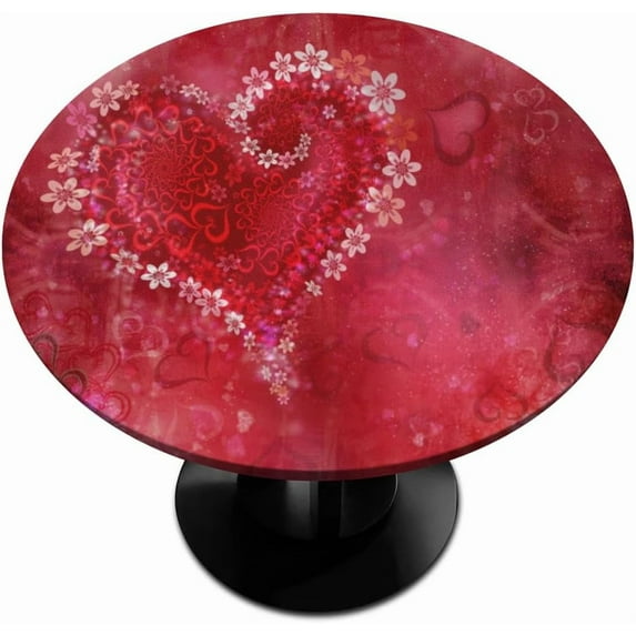 Love Hearts Round Fitted Tablecloth, Valentines Elastic Edge Table Cover Wipeable Round Table Cloth for Indoor Outdoor Use Fits Tables up to 40-44inch Diameter