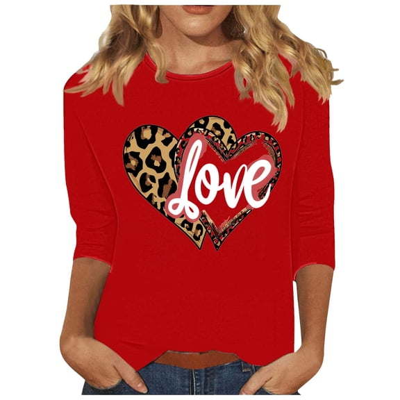 Love Hearts Shirt Women Valentine's Crew Neck Pullover Tops 3/4 Sleeve Tunic Blouse Loose Lightweight T-Shirt Fashion Going Out Date Tshirt Stylish Casual Cozy Outfits