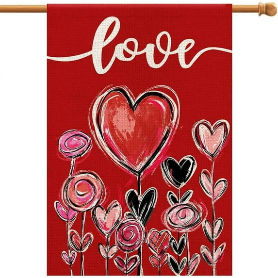 Love Hearts Valentine Day Garden Flag Vertical Double Sided Burlap, Spring House Flag Indoor Outdoor Garden Yard Decoration 28x40 Inch DF011-28