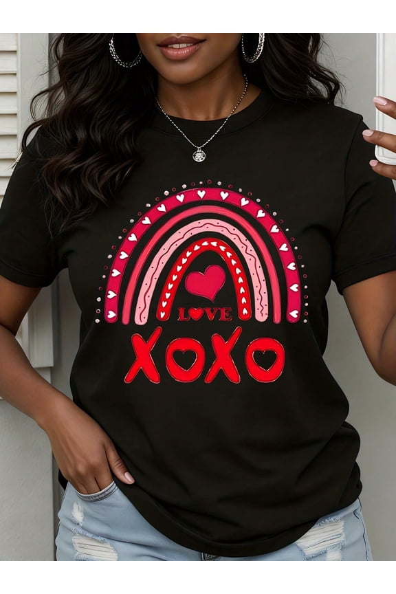 Love Hearts XOXO Rainbow Graphic for Women Short Sleeve Casual T-Shirt