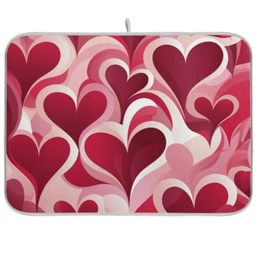 Love Hearts in Valentine Dish Drying Mat Microfiber Kitchen Pad Large Counter Absorbent Dish Mats Drainer Rack 16"x18"