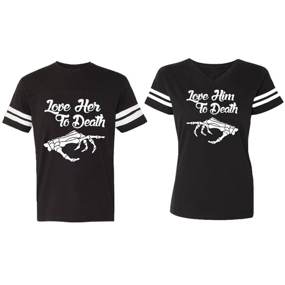 Love Her Him To Death Matching Couple Cotton Jerseys (Men Black / Women Black) (Men XL / Women M)