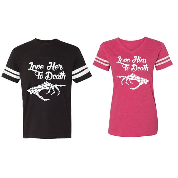 Love Her Him To Death Matching Couple Cotton Jerseys (Men Black / Women Pink) (Men L / Women L)