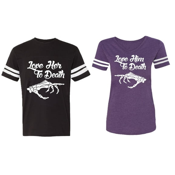 Love Her Him To Death Matching Couple Cotton Jerseys (Men Black / Women Purple) (Men XL / Women L)
