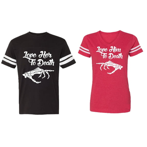Love Her Him To Death Matching Couple Cotton Jerseys (Men Black / Women Red) (Men XXL / Women M)