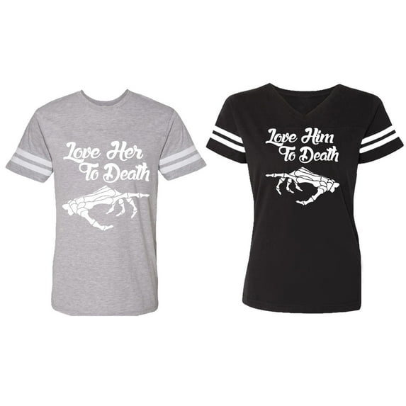 Love Her Him To Death Matching Couple Cotton Jerseys (Men Heather / Women Black) (Men S / Women XL)