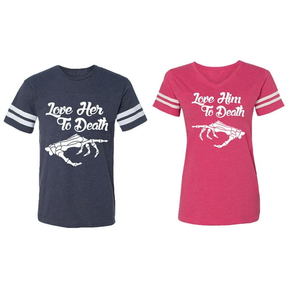 Love Her Him To Death Matching Couple Cotton Jerseys (Men Navy / Women Pink) (Men S / Women S)