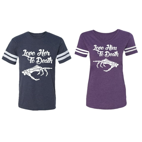 Love Her Him To Death Matching Couple Cotton Jerseys (Men Navy / Women Purple) (Men M / Women L)