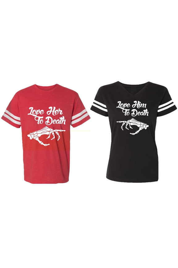 Love Her Him To Death Matching Couple Cotton Jerseys (Men Red / Women Black) (Men S / Women S)