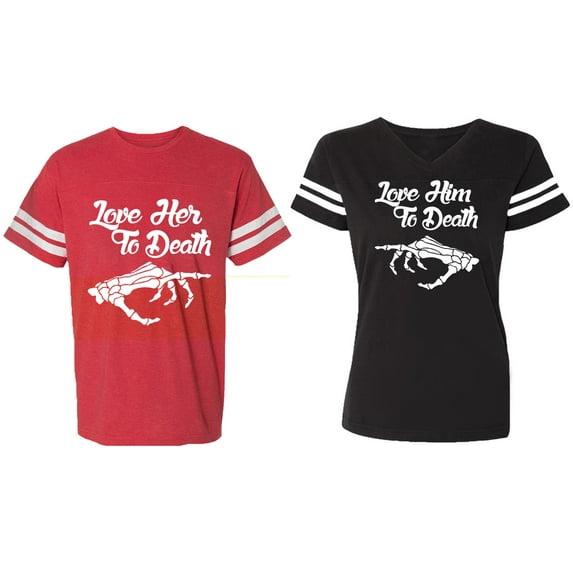 Love Her Him To Death Matching Couple Cotton Jerseys (Men Red / Women Black) (Men XXL / Women XXL)