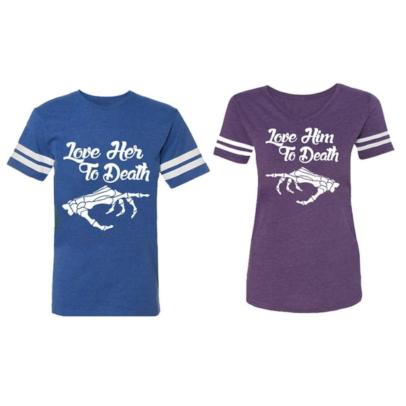 Love Her Him To Death Matching Couple Cotton Jerseys (Men Royal / Women Purple) (Men XL / Women M)