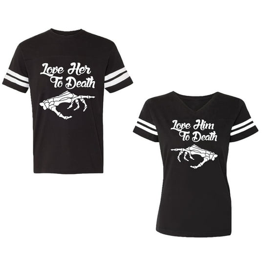 Love Her Him To Death Unisex Couple Matching Cotton Jersey style T-Shirt Contrasting stripes on sleeves (Men Black / Women Black) (Men XXL / Women S)