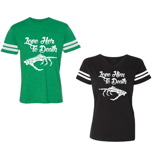 Love Her Him To Death Unisex Couple Matching Cotton Jersey style T-Shirt Contrasting stripes on sleeves (Men Green / Women Black) (Men S / Women S)