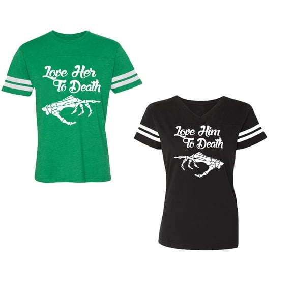 Love Her Him To Death Unisex Couple Matching Cotton Jersey style T-Shirt Contrasting stripes on sleeves (Men Green / Women Black) (Men S / Women S)