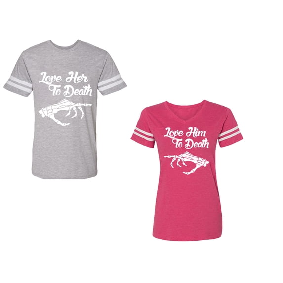 Love Her Him To Death Unisex Couple Matching Cotton Jersey style T-Shirt Contrasting stripes on sleeves (Men Heather / Women Pink) (Men L / Women L)