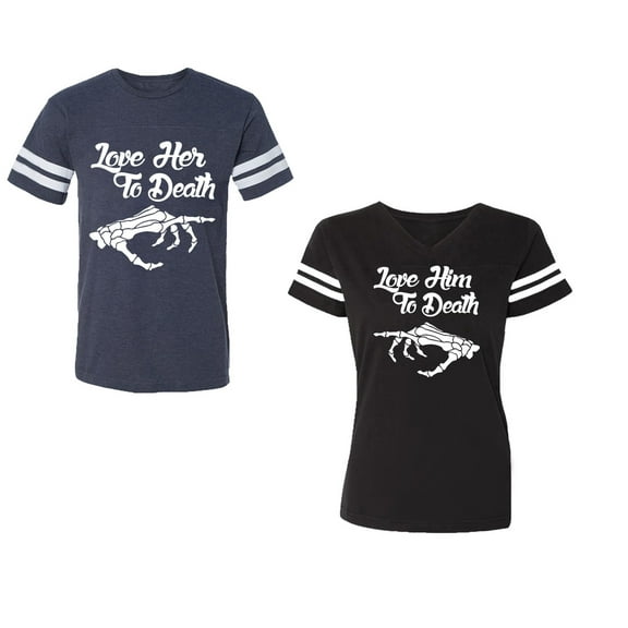 Love Her Him To Death Unisex Couple Matching Cotton Jersey style T-Shirt Contrasting stripes on sleeves (Men Navy / Women Black) (Men S / Women S)