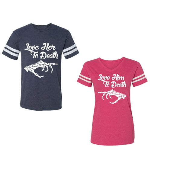 Love Her Him To Death Unisex Couple Matching Cotton Jersey style T-Shirt Contrasting stripes on sleeves (Men Navy / Women Pink) (Men S / Women L)