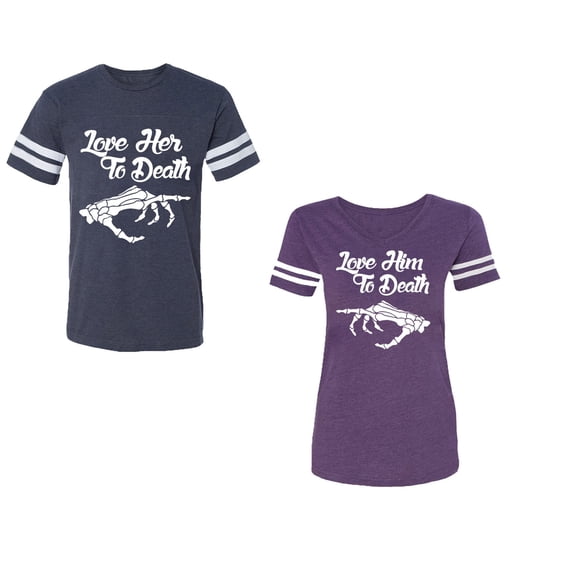 Love Her Him To Death Unisex Couple Matching Cotton Jersey style T-Shirt Contrasting stripes on sleeves (Men Navy / Women Purple) (Men S / Women S)