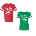 thumbnail image 1 of Love Her Him To Death Unisex Couple Matching Cotton Jersey style T-Shirt Contrasting stripes on sleeves (Men Red / Women Green) (Men L / Women L), 1 of 3