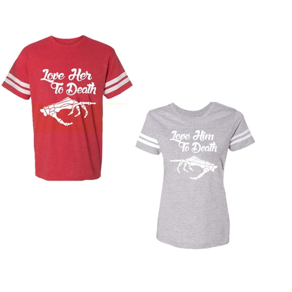 Love Her Him To Death Unisex Couple Matching Cotton Jersey style T-Shirt Contrasting stripes on sleeves (Men Red / Women Heather) (Men XXL / Women L)