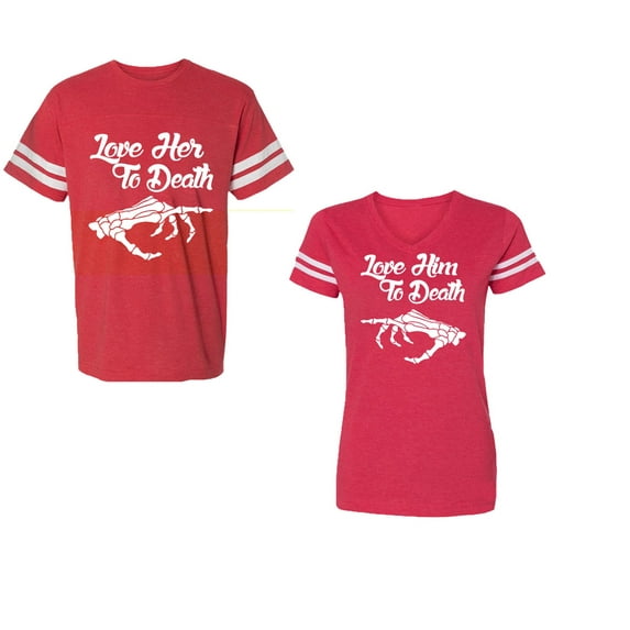 Love Her Him To Death Unisex Couple Matching Cotton Jersey style T-Shirt Contrasting stripes on sleeves (Men Red / Women Red) (Men M / Women L)