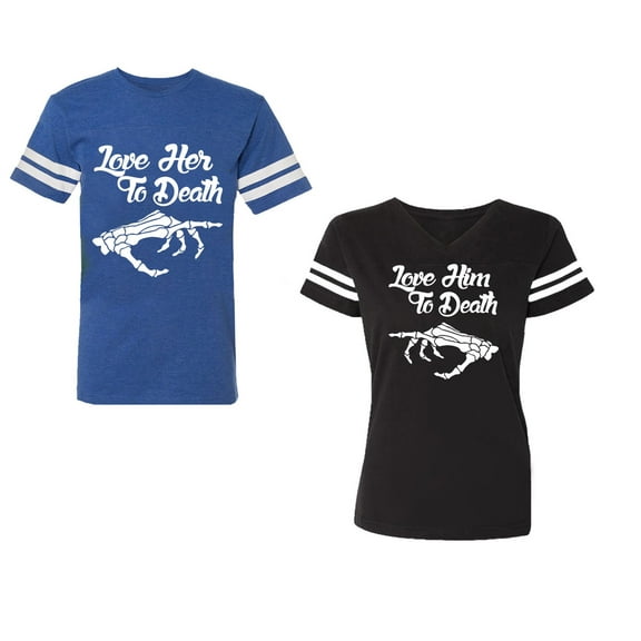 Love Her Him To Death Unisex Couple Matching Cotton Jersey style T-Shirt Contrasting stripes on sleeves (Men Royal / Women Black) (Men M / Women XXL)