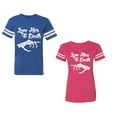 thumbnail image 1 of Love Her Him To Death Unisex Couple Matching Cotton Jersey style T-Shirt Contrasting stripes on sleeves (Men Royal / Women Pink) (Men XXL / Women L), 1 of 3