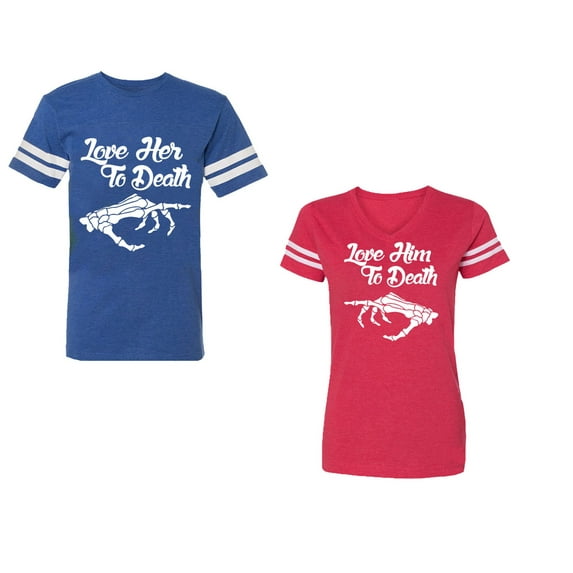Love Her Him To Death Unisex Couple Matching Cotton Jersey style T-Shirt Contrasting stripes on sleeves (Men Royal / Women Red) (Men L / Women XXL)
