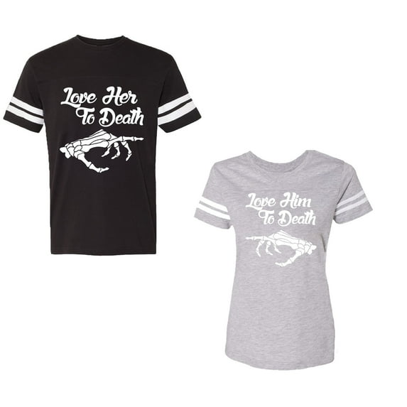 Love Her Him To Death Unisex Couple Matching Cotton Jersey style T-Shirt Contrasting stripes on sleeves (Men Black / Women Heather) (Men XL / Women S)