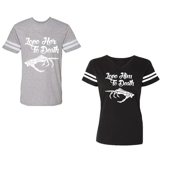 Love Her Him To Death Unisex Couple Matching Cotton Jersey style T-Shirt Contrasting stripes on sleeves (Men Heather / Women Black) (Men XXL / Women XL)