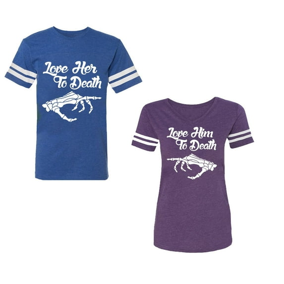 Love Her Him To Death Unisex Couple Matching Cotton Jersey style T-Shirt Contrasting stripes on sleeves (Men Royal / Women Purple) (Men XXL / Women XL)
