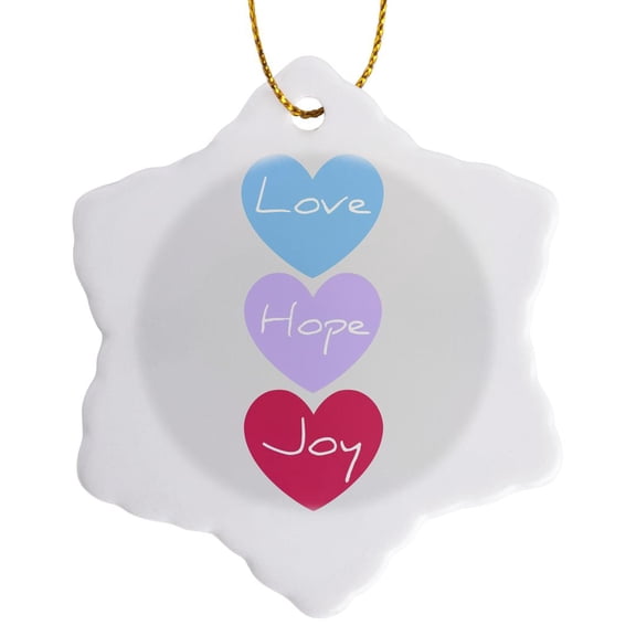 3drose, Love, Hope, Joy Hearts- Inspirational Art- Affirmations, 3 inch Snowflake Porcelain Ornament