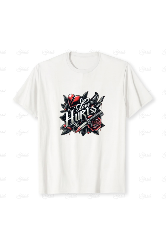 Love Hurts Heart With Flames Dark Gothic Romantic Tattoo Style Unisex T-Shirt up to size 5XL