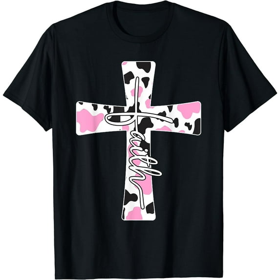 Love In Faith Christian Tees Animal Cow Print Cross T-Shirt Black