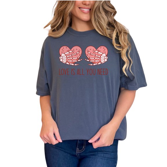 Love Is All You Need Heart with Skeleton Hands, Denim Comfort Colors T-Shirt, 3XL